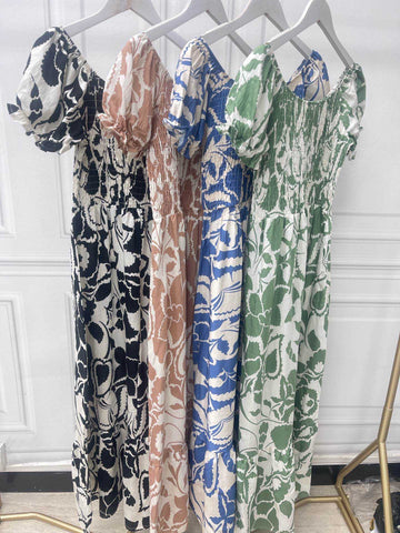 Women's Printed Linen Shirred Midi Dress