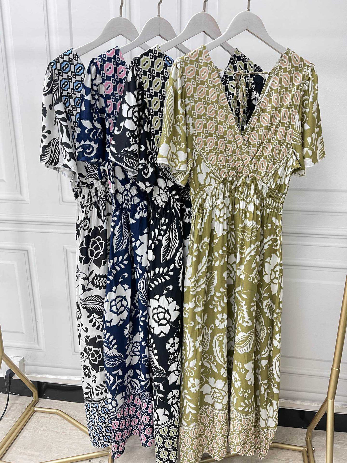 Women's Printed Linen Shirred Midi Dress