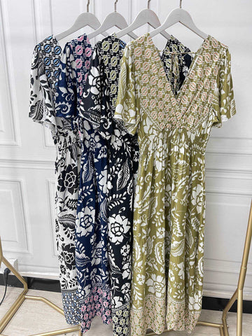 Women's Printed Linen Shirred Midi Dress