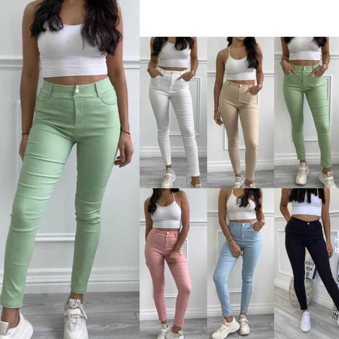 NEW COLOUR LADIES SKINNY STRETCH JEANS BUTTON WOMENS SLIM FIT PANTS TROUSERS