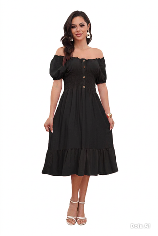NEW WOMEN BARDOT BUTTON DETAIL MIDI MAXI SUMMER DRESS ELASTIC CAP SLEEVE DRESSES