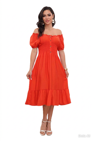 NEW WOMEN BARDOT BUTTON DETAIL MIDI MAXI SUMMER DRESS ELASTIC CAP SLEEVE DRESSES
