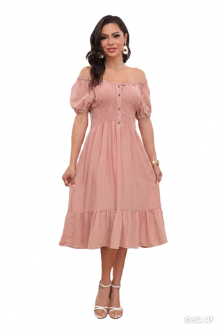 NEW WOMEN BARDOT BUTTON DETAIL MIDI MAXI SUMMER DRESS ELASTIC CAP SLEEVE DRESSES