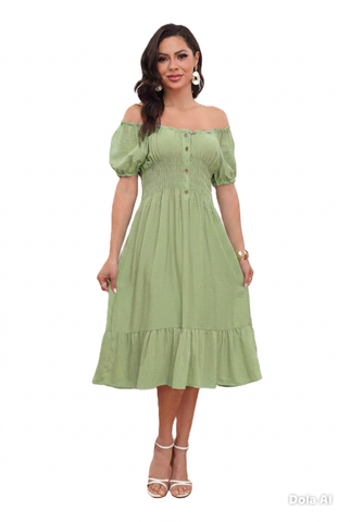 NEW WOMEN BARDOT BUTTON DETAIL MIDI MAXI SUMMER DRESS ELASTIC CAP SLEEVE DRESSES