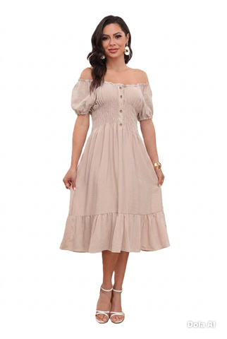 NEW WOMEN BARDOT BUTTON DETAIL MIDI MAXI SUMMER DRESS ELASTIC CAP SLEEVE DRESSES