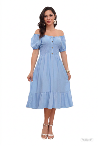 NEW WOMEN BARDOT BUTTON DETAIL MIDI MAXI SUMMER DRESS ELASTIC CAP SLEEVE DRESSES