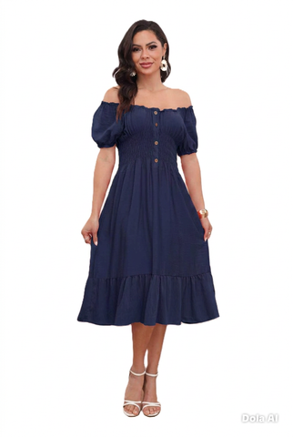 NEW WOMEN BARDOT BUTTON DETAIL MIDI MAXI SUMMER DRESS ELASTIC CAP SLEEVE DRESSES