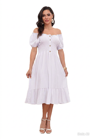 NEW WOMEN BARDOT BUTTON DETAIL MIDI MAXI SUMMER DRESS ELASTIC CAP SLEEVE DRESSES