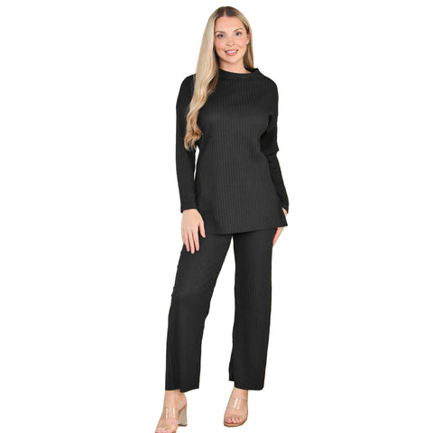 LADIES 2pc RIBBED BRUSH KNIT WARM FLEECE LINED SUIT WOMEN TROUSER TOP LOUNGE SET