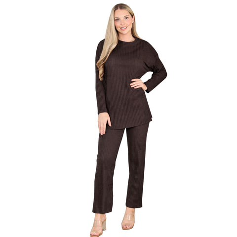 LADIES 2pc RIBBED BRUSH KNIT WARM FLEECE LINED SUIT WOMEN TROUSER TOP LOUNGE SET