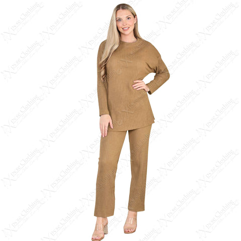 LADIES 2pc RIBBED BRUSH KNIT WARM FLEECE LINED SUIT WOMEN TROUSER TOP LOUNGE SET