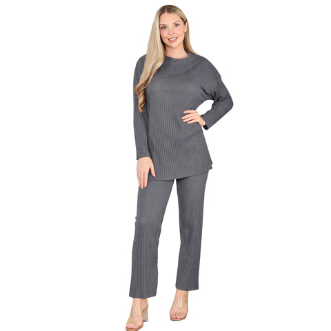 LADIES 2pc RIBBED BRUSH KNIT WARM FLEECE LINED SUIT WOMEN TROUSER TOP LOUNGE SET
