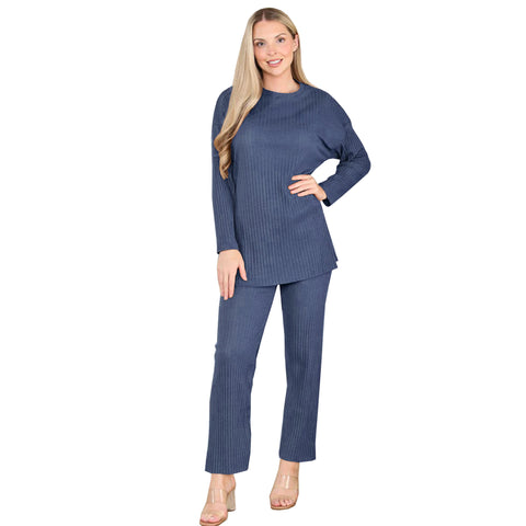 LADIES 2pc RIBBED BRUSH KNIT WARM FLEECE LINED SUIT WOMEN TROUSER TOP LOUNGE SET