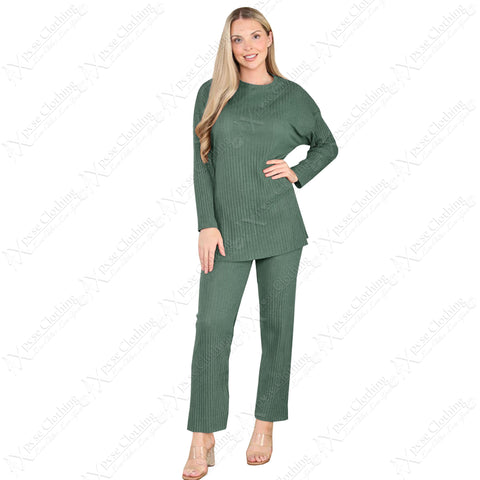 LADIES 2pc RIBBED BRUSH KNIT WARM FLEECE LINED SUIT WOMEN TROUSER TOP LOUNGE SET