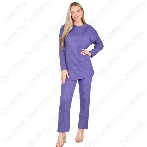 LADIES 2pc RIBBED BRUSH KNIT WARM FLEECE LINED SUIT WOMEN TROUSER TOP LOUNGE SET