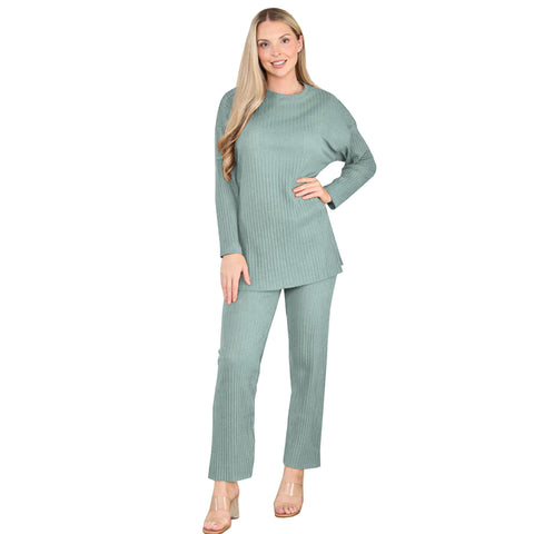 LADIES 2pc RIBBED BRUSH KNIT WARM FLEECE LINED SUIT WOMEN TROUSER TOP LOUNGE SET