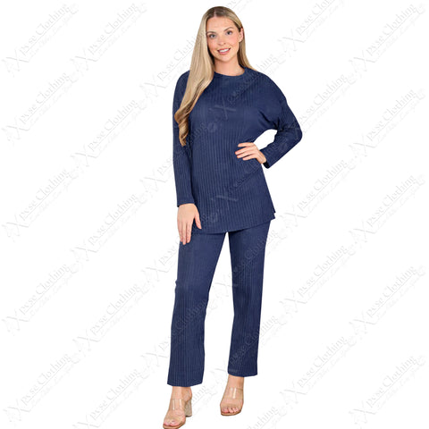 LADIES 2pc RIBBED BRUSH KNIT WARM FLEECE LINED SUIT WOMEN TROUSER TOP LOUNGE SET