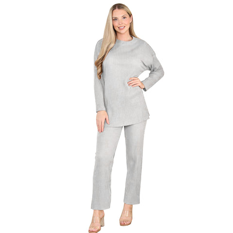 LADIES 2pc RIBBED BRUSH KNIT WARM FLEECE LINED SUIT WOMEN TROUSER TOP LOUNGE SET