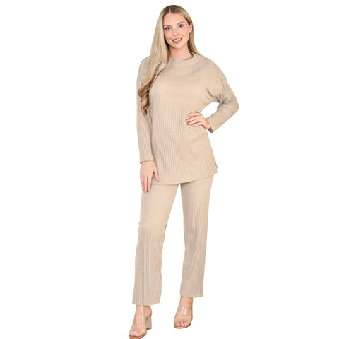 LADIES 2pc RIBBED BRUSH KNIT WARM FLEECE LINED SUIT WOMEN TROUSER TOP LOUNGE SET