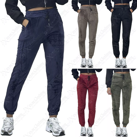 NEW WOMENS LADIES PLAIN VELVET JOGGERS CASUAL PANTS LOUNGEWEAR LOOK TROUSERS