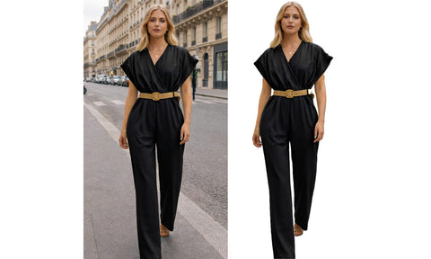 WOMENS V-NECK TOP BELT SMART LOOK JUMPSUIT LADIES LINEN ALL IN ONE TROUSER SUIT
