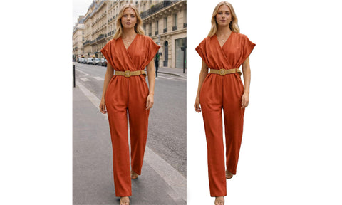 WOMENS V-NECK TOP BELT SMART LOOK JUMPSUIT LADIES LINEN ALL IN ONE TROUSER SUIT