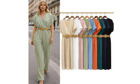 WOMENS V-NECK TOP BELT SMART LOOK JUMPSUIT LADIES LINEN ALL IN ONE TROUSER SUIT