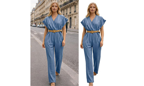 WOMENS V-NECK TOP BELT SMART LOOK JUMPSUIT LADIES LINEN ALL IN ONE TROUSER SUIT