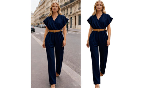 WOMENS V-NECK TOP BELT SMART LOOK JUMPSUIT LADIES LINEN ALL IN ONE TROUSER SUIT