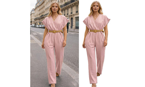 WOMENS V-NECK TOP BELT SMART LOOK JUMPSUIT LADIES LINEN ALL IN ONE TROUSER SUIT