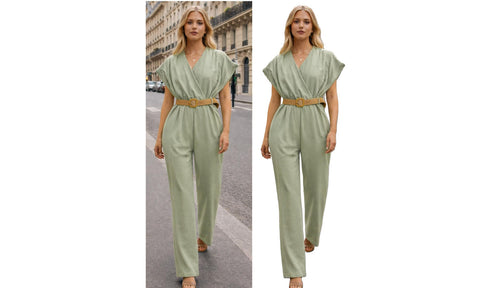 WOMENS V-NECK TOP BELT SMART LOOK JUMPSUIT LADIES LINEN ALL IN ONE TROUSER SUIT