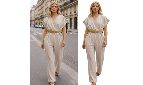 WOMENS V-NECK TOP BELT SMART LOOK JUMPSUIT LADIES LINEN ALL IN ONE TROUSER SUIT