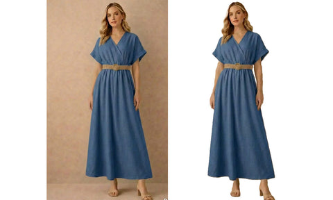 NEW WOMENS PLAIN V-NECK BELTED SMART LOOK MIDI DRESS LADIES SUMMER LINEN DRESSES