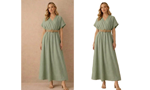NEW WOMENS PLAIN V-NECK BELTED SMART LOOK MIDI DRESS LADIES SUMMER LINEN DRESSES