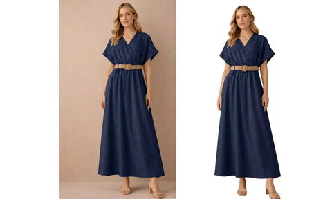 NEW WOMENS PLAIN V-NECK BELTED SMART LOOK MIDI DRESS LADIES SUMMER LINEN DRESSES