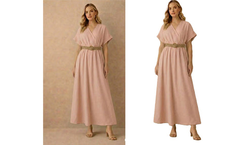 NEW WOMENS PLAIN V-NECK BELTED SMART LOOK MIDI DRESS LADIES SUMMER LINEN DRESSES