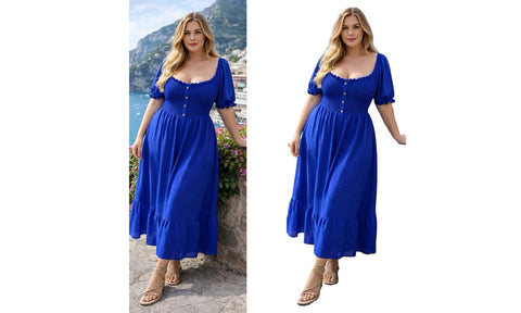 NEW WOMEN BARDOT BUTTON DETAIL LONG MAXI SUMMER DRESS ELASTIC CAP SLEEVE DRESSES