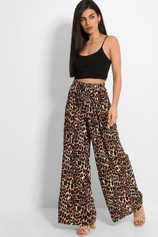 LADIES LEOPARD ANIMAL PRINT PALAZZO TROUSERS WOMEN CLASSIC FLARE WIDE LEG PANTS