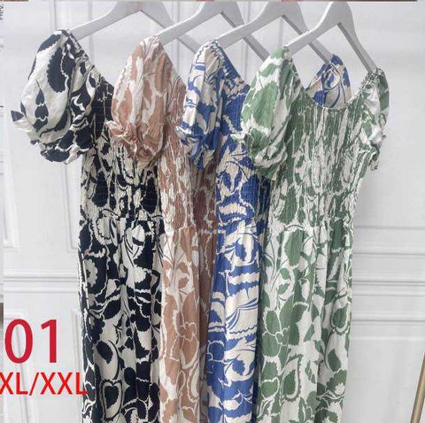 Women's Printed Linen Shirred Midi Dress