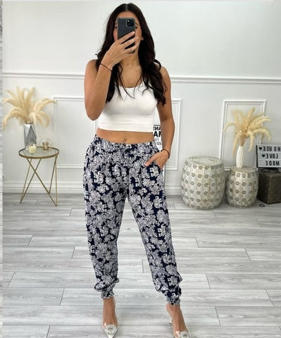 LADIES PRINTED COTTON HAREM PANTS WOMENS CUFF BOTTOM TROUSERS