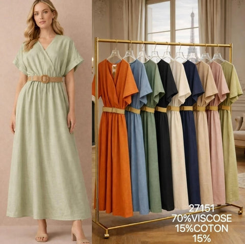 NEW WOMENS PLAIN V-NECK BELTED SMART LOOK MIDI DRESS LADIES SUMMER LINEN DRESSES