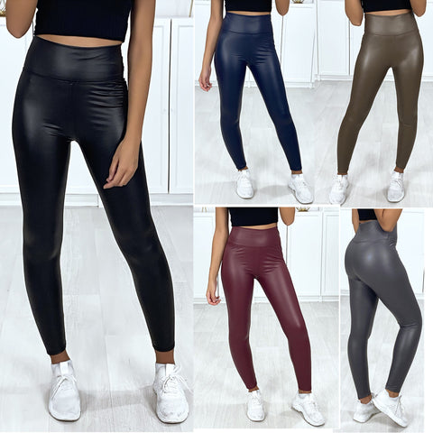 LADIES THICK PU WET LOOK HIGH WAIST LEGGINGS WOMEN FAUX LEATHER STRETCH FIT PANT