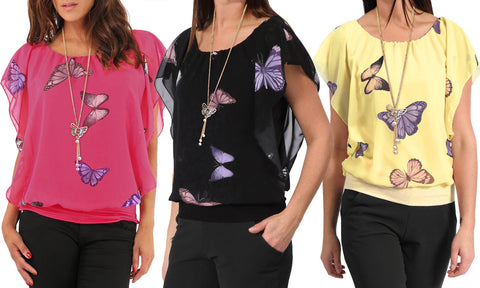 NEW WOMENS CHIFFON BUTTERFLY PRINT BLOUSE NECKLACE BATWING SUMMER LADIES TOP