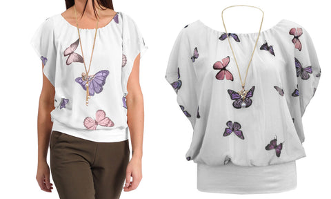 NEW WOMENS CHIFFON BUTTERFLY PRINT BLOUSE NECKLACE BATWING SUMMER LADIES TOP