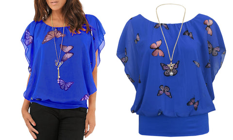 NEW WOMENS CHIFFON BUTTERFLY PRINT BLOUSE NECKLACE BATWING SUMMER LADIES TOP