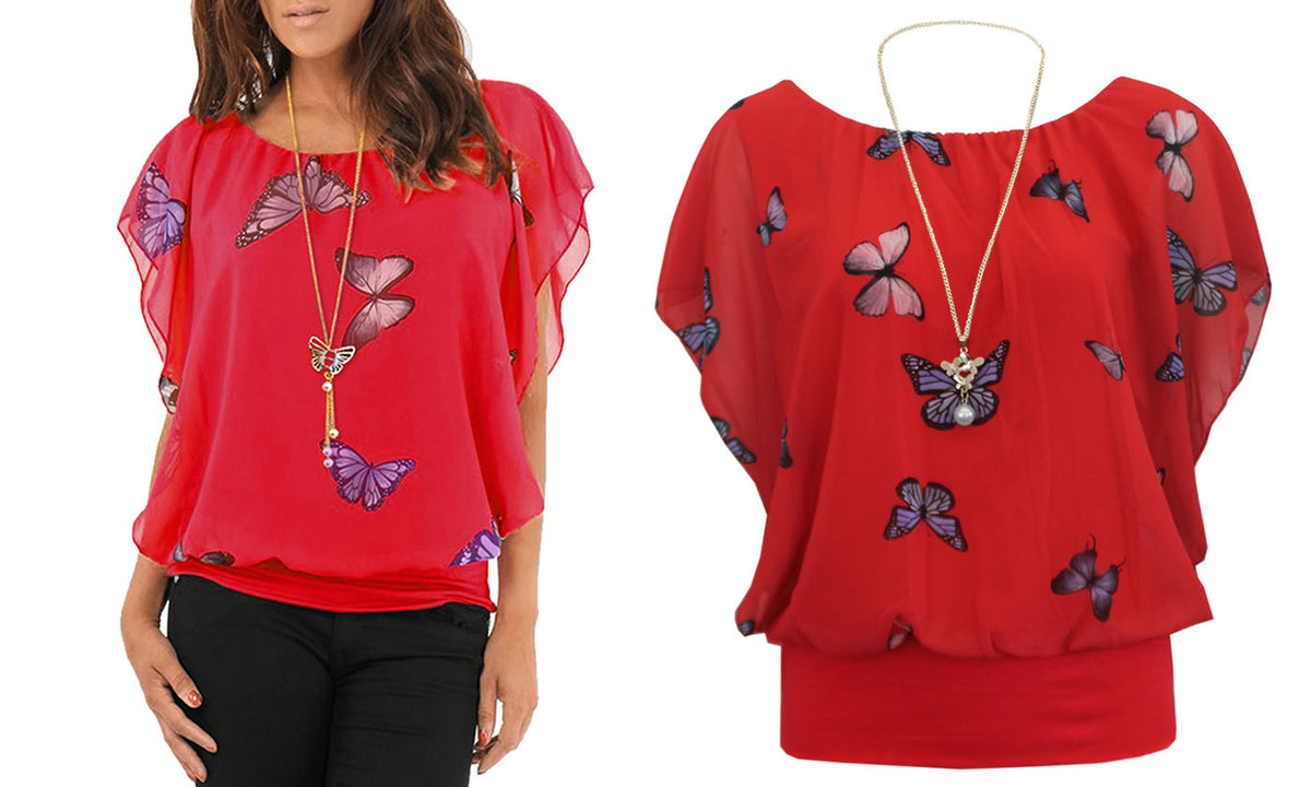 NEW WOMENS CHIFFON BUTTERFLY PRINT BLOUSE NECKLACE BATWING SUMMER LADIES TOP