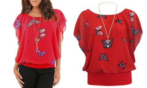NEW WOMENS CHIFFON BUTTERFLY PRINT BLOUSE NECKLACE BATWING SUMMER LADIES TOP