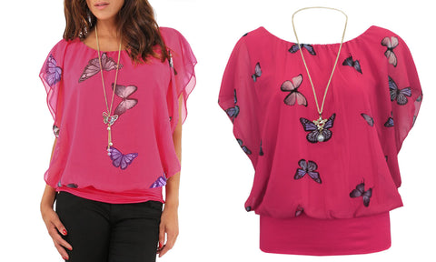 NEW WOMENS CHIFFON BUTTERFLY PRINT BLOUSE NECKLACE BATWING SUMMER LADIES TOP