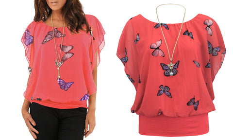NEW WOMENS CHIFFON BUTTERFLY PRINT BLOUSE NECKLACE BATWING SUMMER LADIES TOP