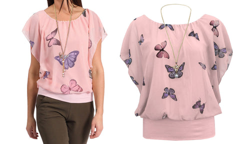 NEW WOMENS CHIFFON BUTTERFLY PRINT BLOUSE NECKLACE BATWING SUMMER LADIES TOP